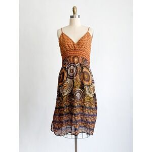 etc. Midi Dress Y2K Boho Medallion Print Smocked Empire Waist M Orange Cotton